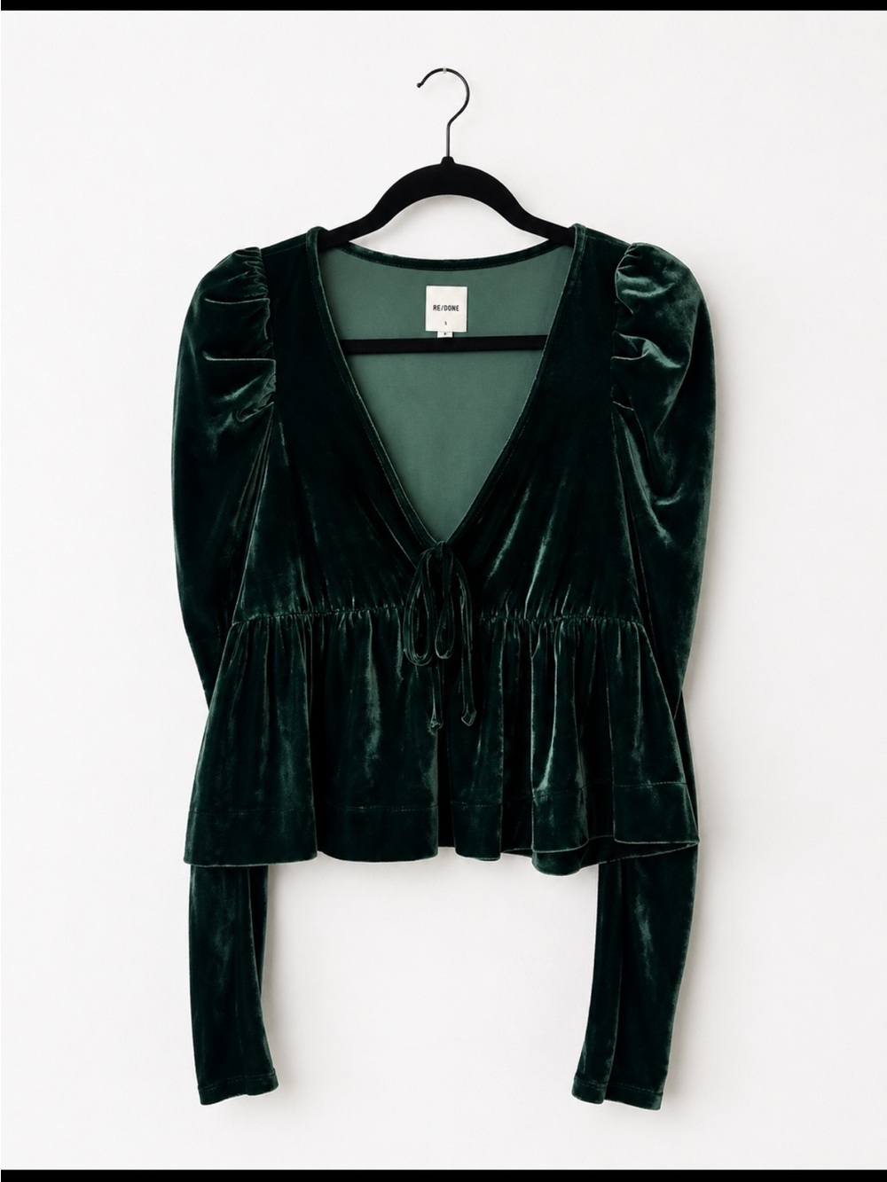 Maeve Anthropologie Emerald Green Velvet Puff Sleeve Peplum Top XS